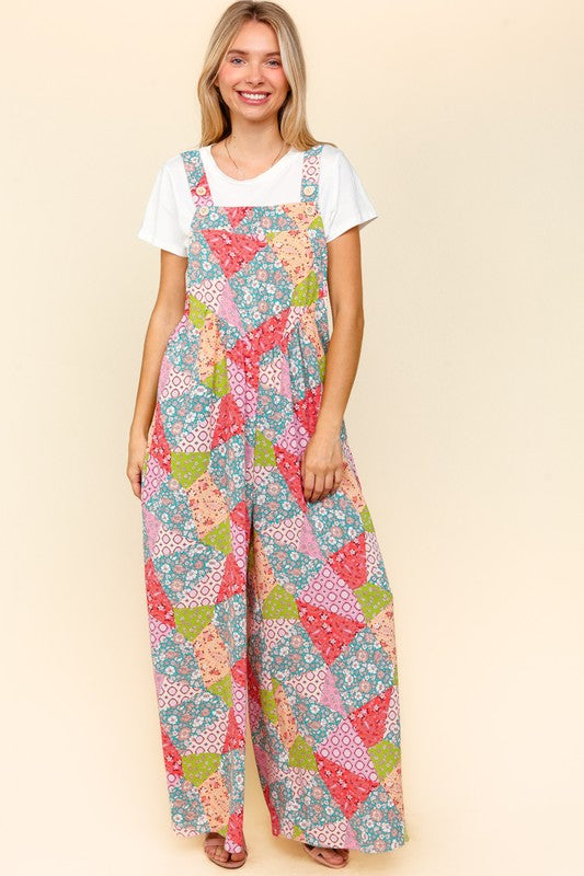 Haptics Full Size Printed Wide Leg Overalls with Side Pockets