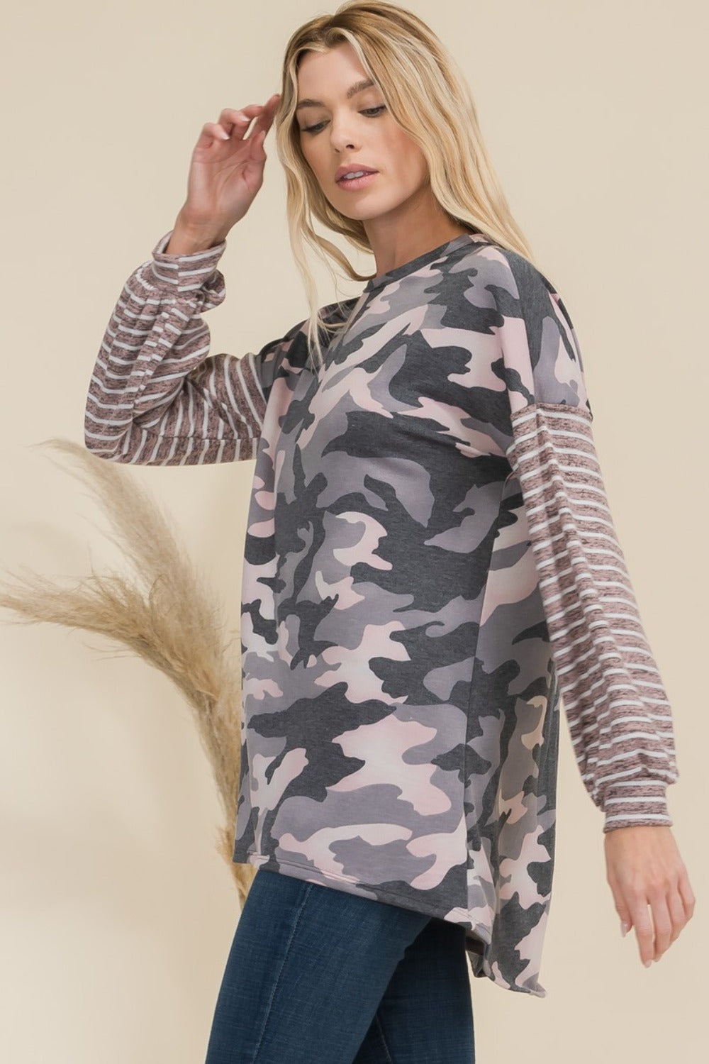 Celeste Full Size Camo Print High-Low T-Shirt with Stripe Sleeves