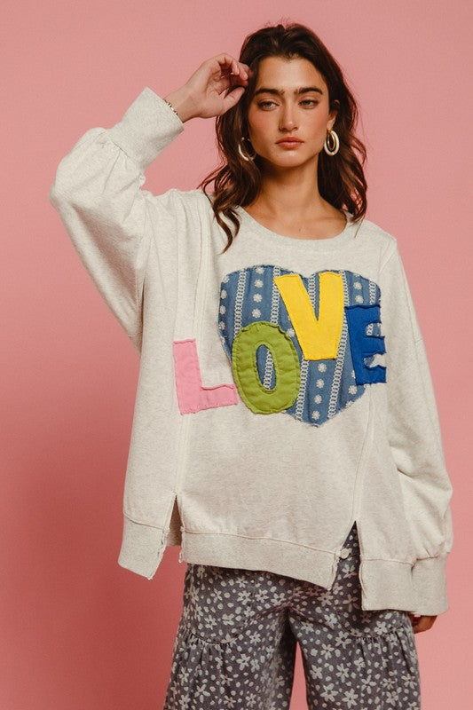 BiBi LOVE Heart Patch Slit French Terry Sweatshirt