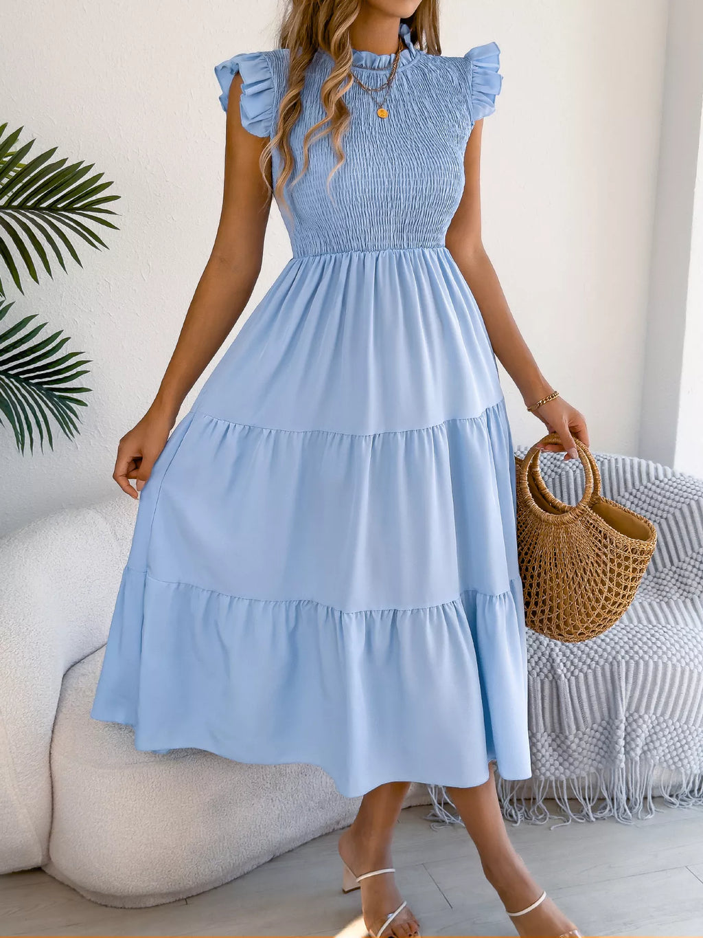 Women's Smocked Ruffle Midi Dress – Casual A-Line Cap Sleeve - product image 13