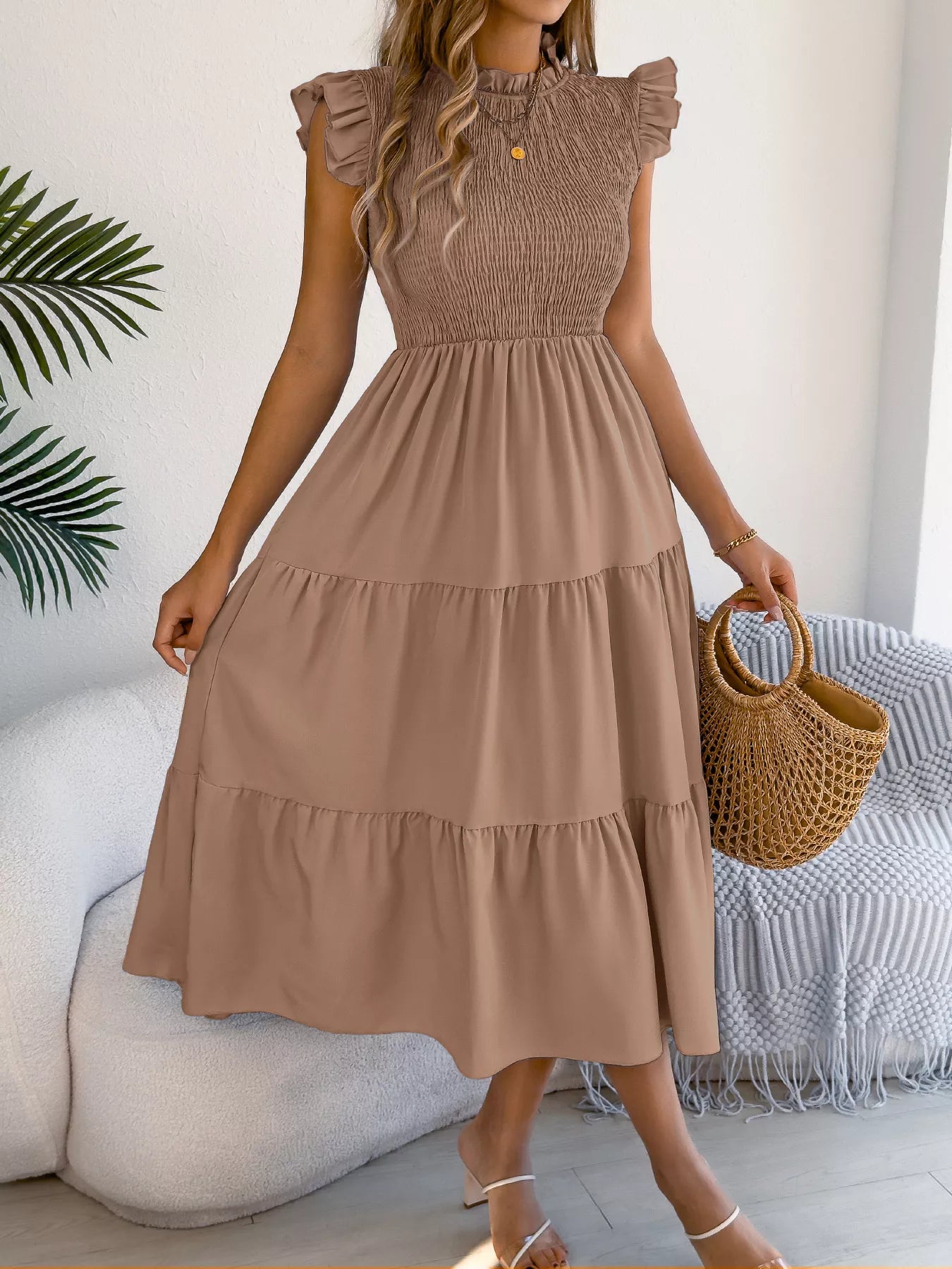 Women's Smocked Ruffle Midi Dress – Casual A-Line Cap Sleeve - product image 8