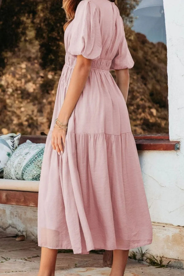 Puff Sleeve Pleated High Waist Flowy Midi Dress view 4 - Shopiebay