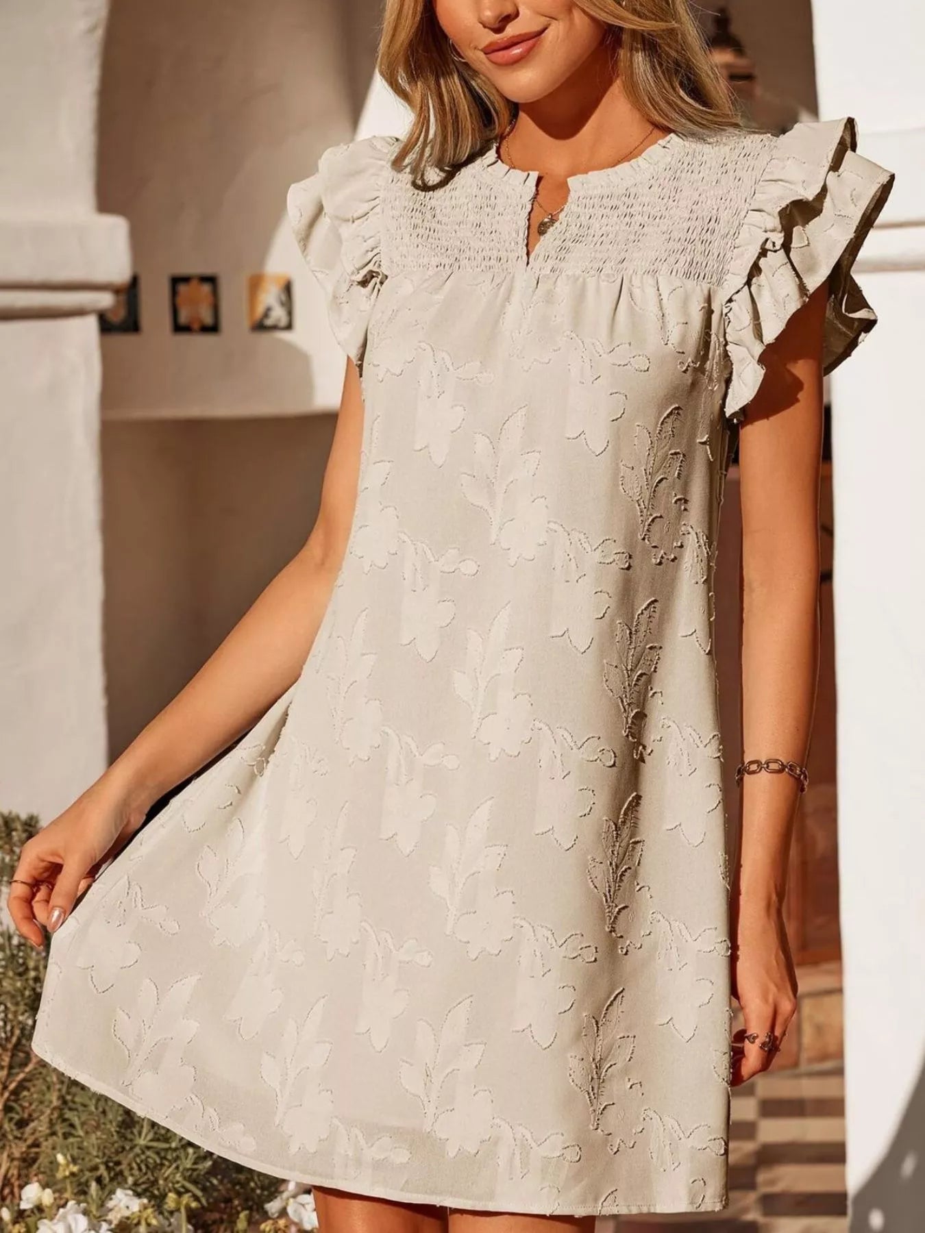 Floral Embossed Ruffle Sleeve Mini Dress Main image