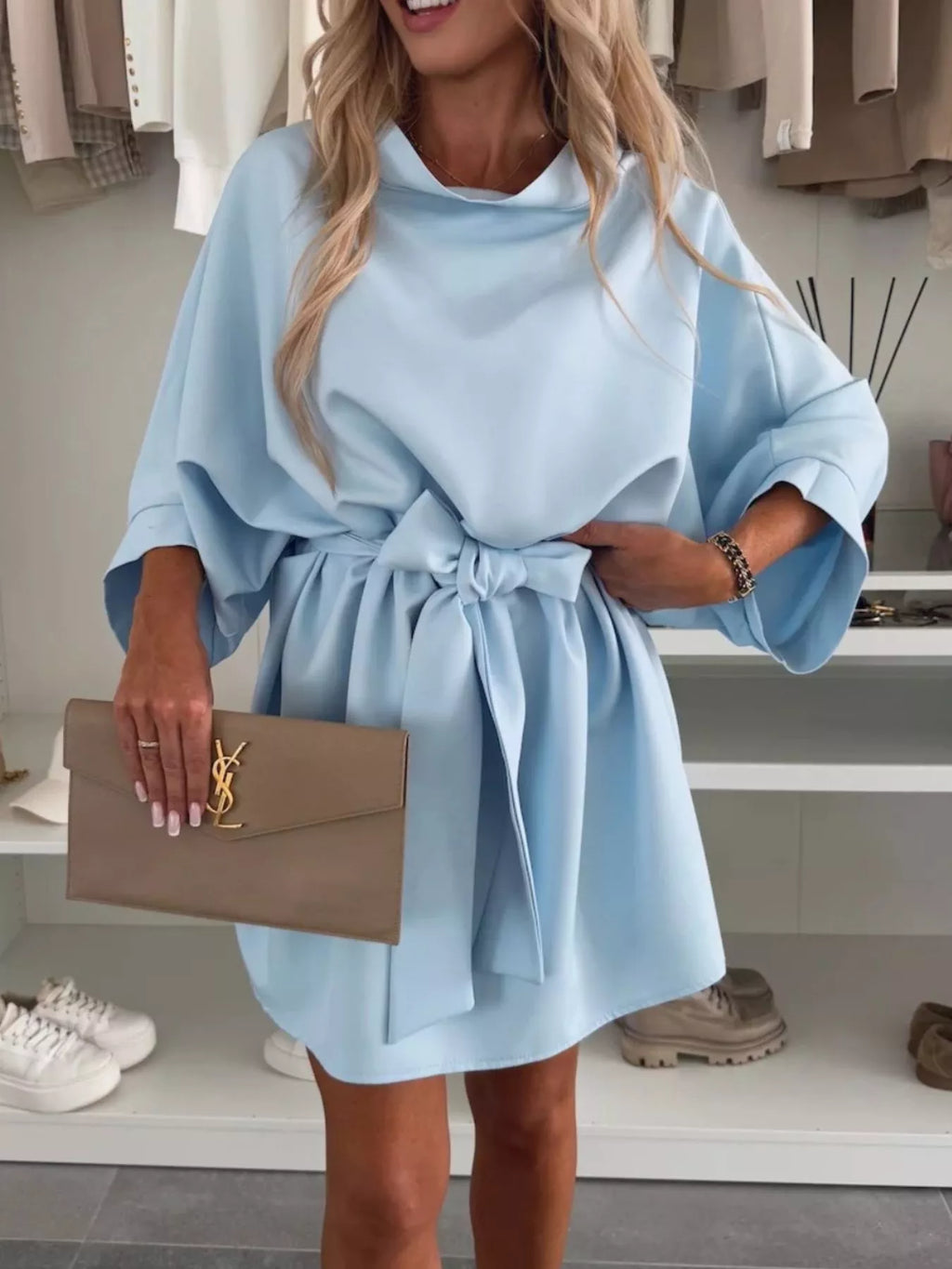 Shopiebay Mini Dress Duo – Batwing Sleeve Tie Waist Mini Dress