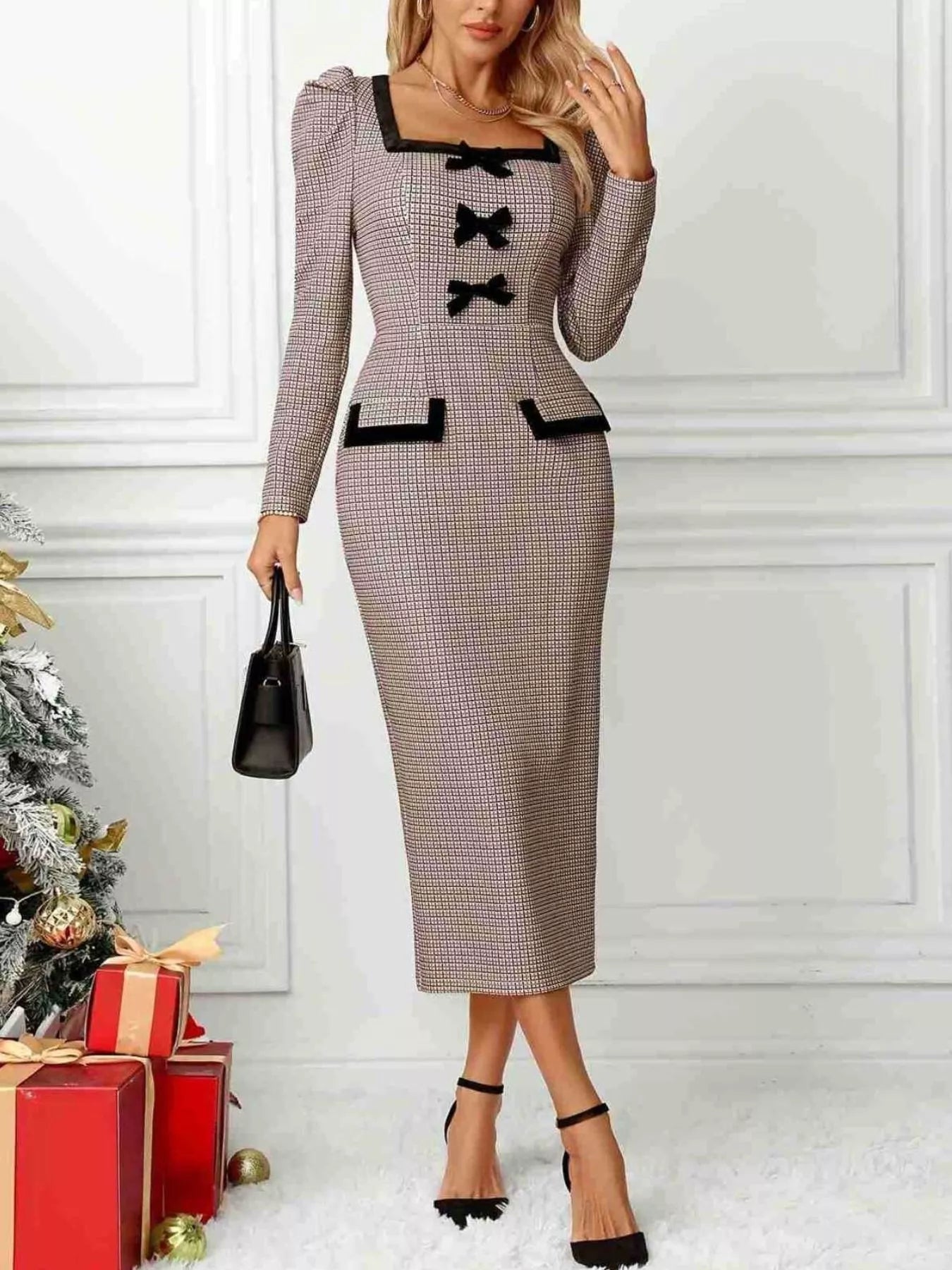 Houndstooth Bow Square Neck Dress Main image