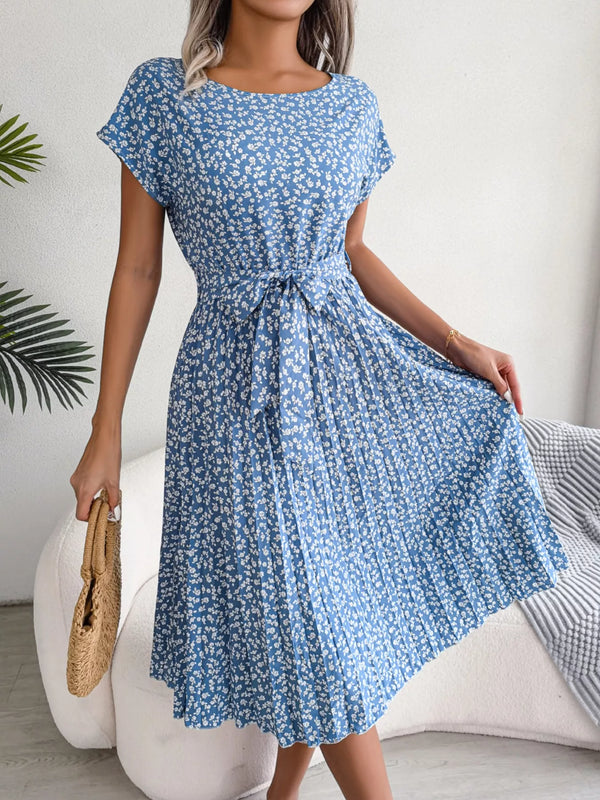 Women's Floral Pleated Midi Dress with Belt – Casual Spring Style - product image 3