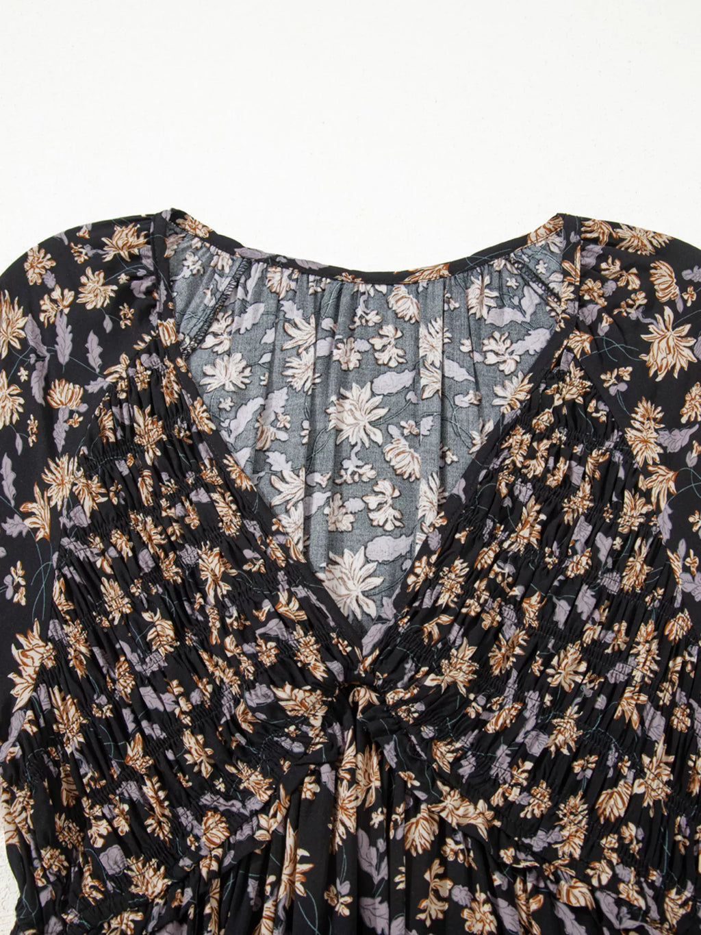 Floral Deep V Neck Smocked Bust Bubble Sleeve Babydoll Dress - product image 5