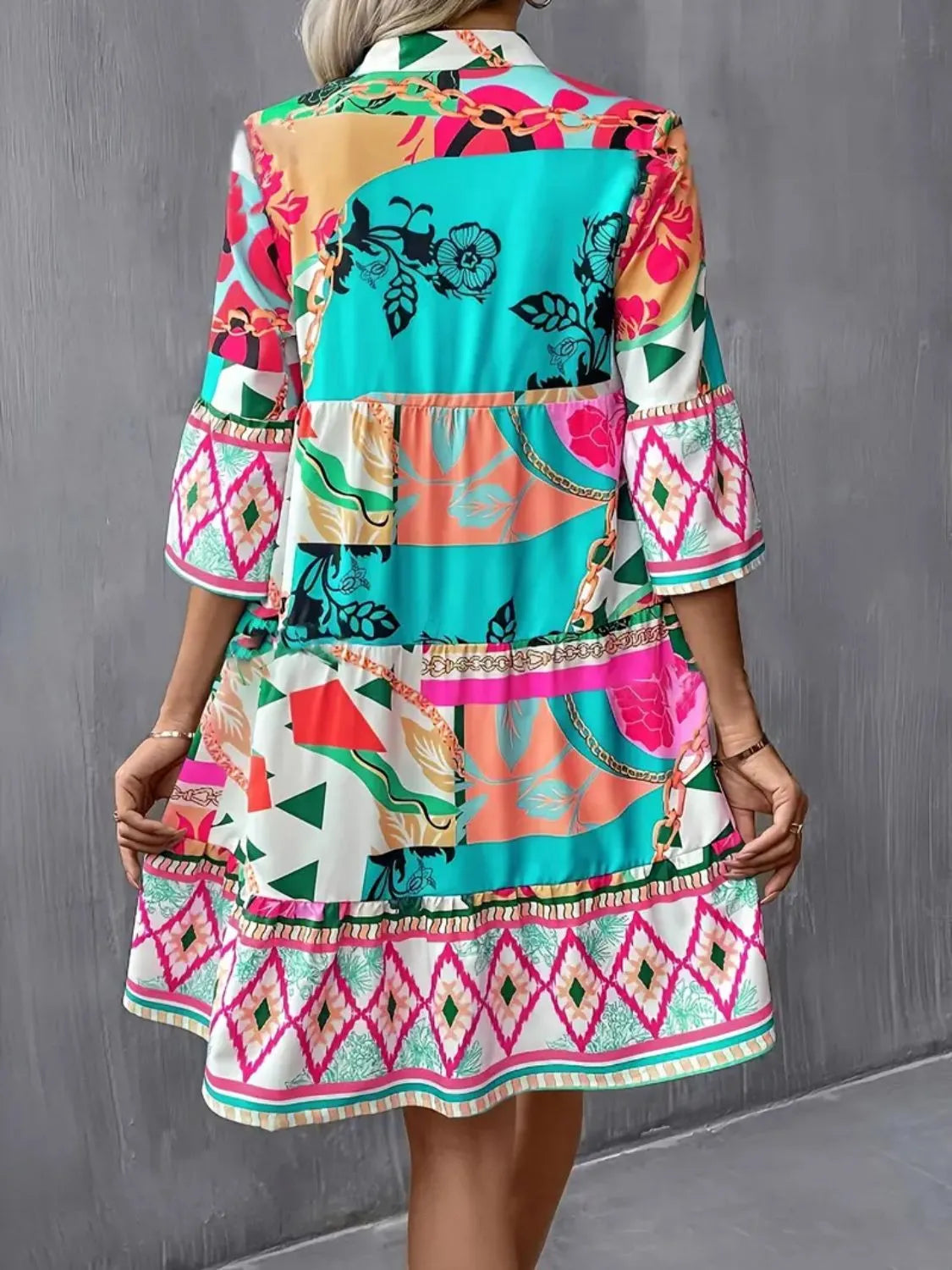 Printed Notched 3/4 Sleeve Tiered Dress - product image 2