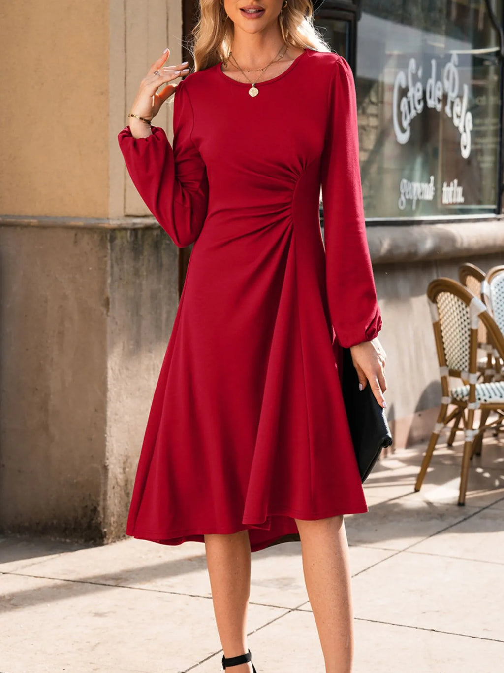Solid Color Ruched Detail Long Sleeve Midi Dress - product image 22