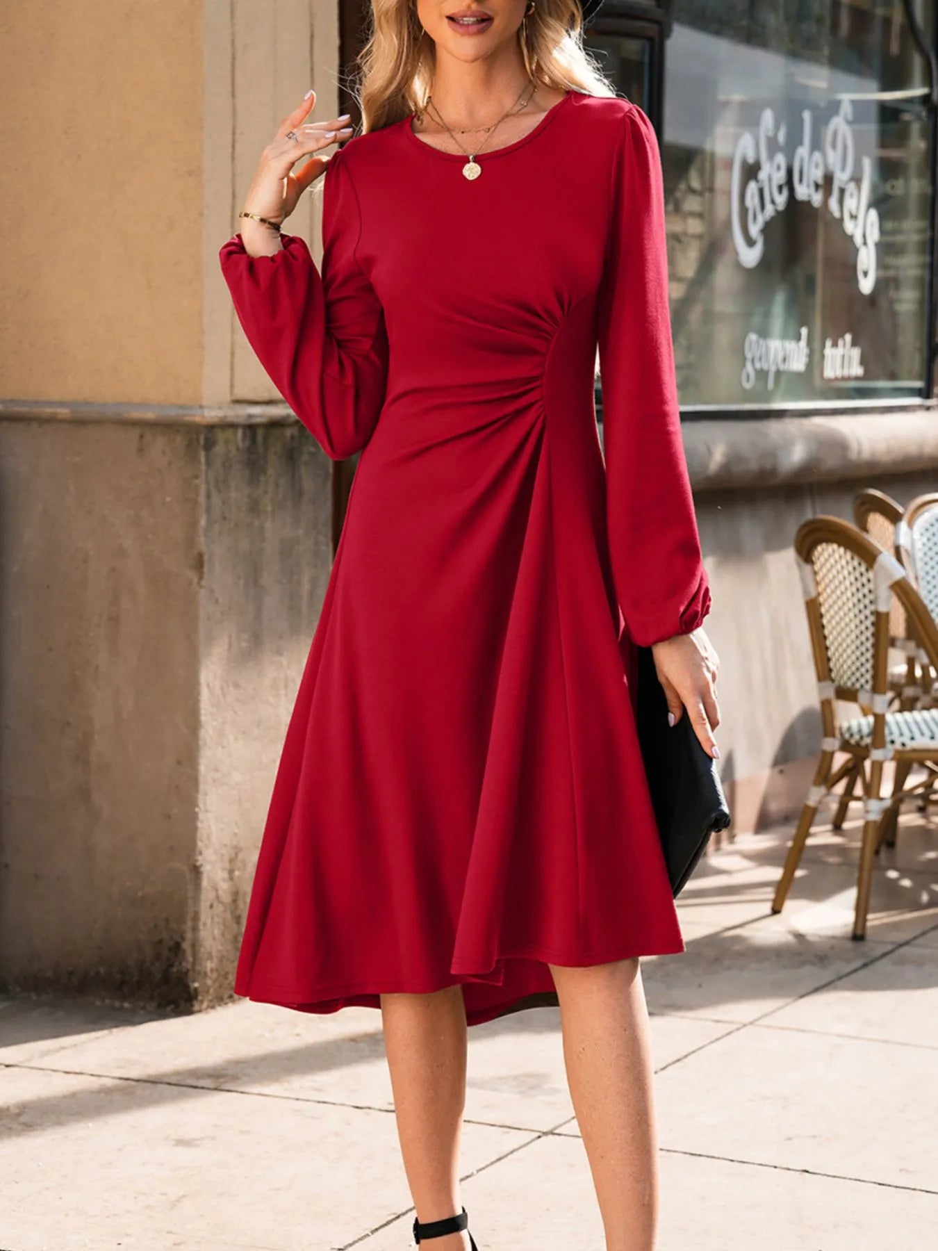Solid Color Ruched Detail Long Sleeve Midi Dress - product image 22