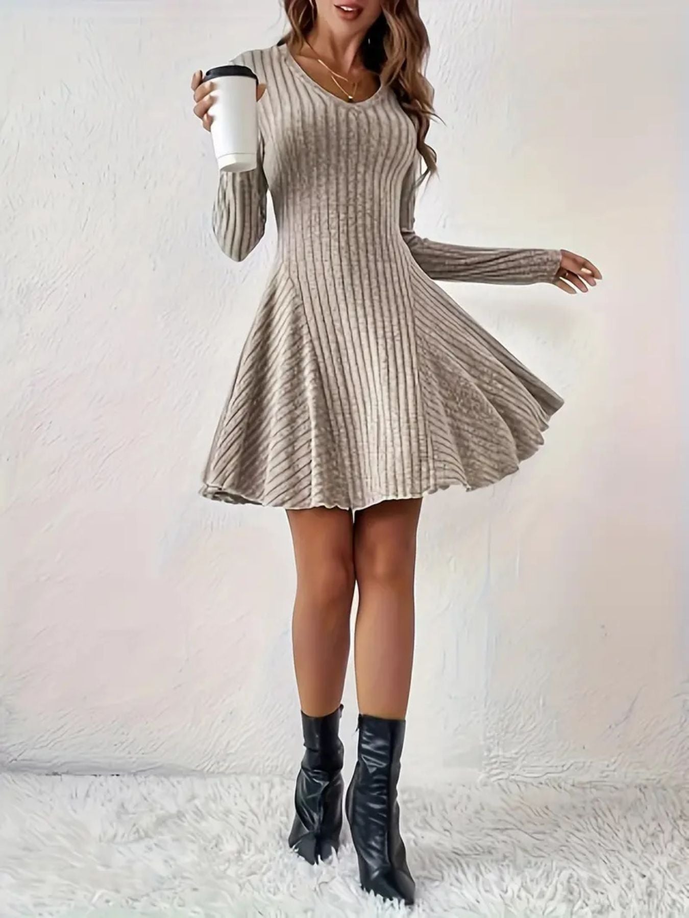Ribbed Knit Long Sleeve A-Line Dress view 11 - Shopiebay