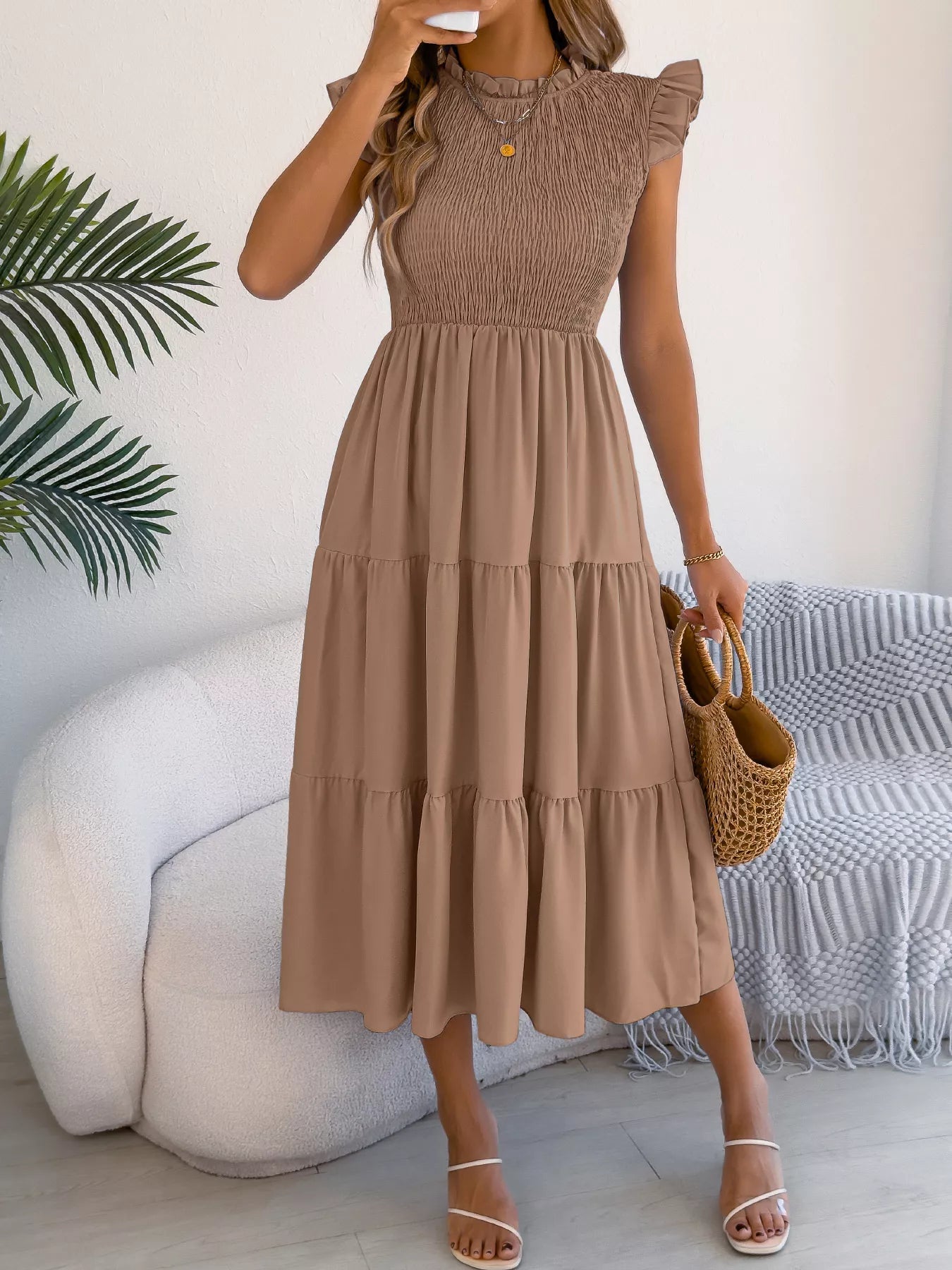 Women's Smocked Ruffle Midi Dress – Casual A-Line Cap Sleeve - product image 6