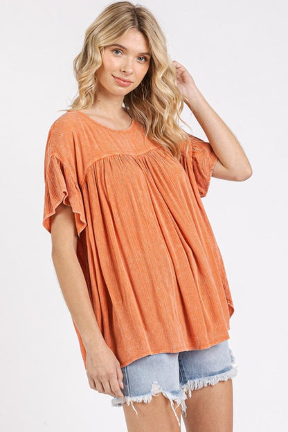 Mittoshop Mineral Washed Round Neck Ruffle Sleeve Blouse