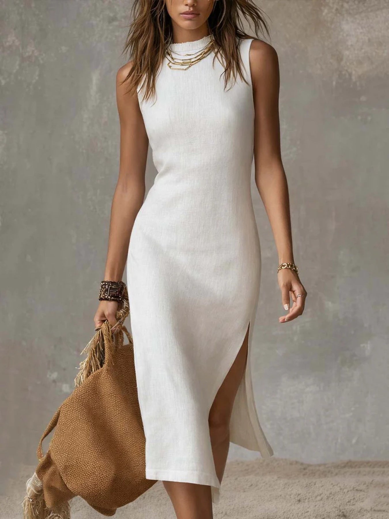 Full Size Sleeveless Mock Neck Slit Midi Dress Plus Size Main image