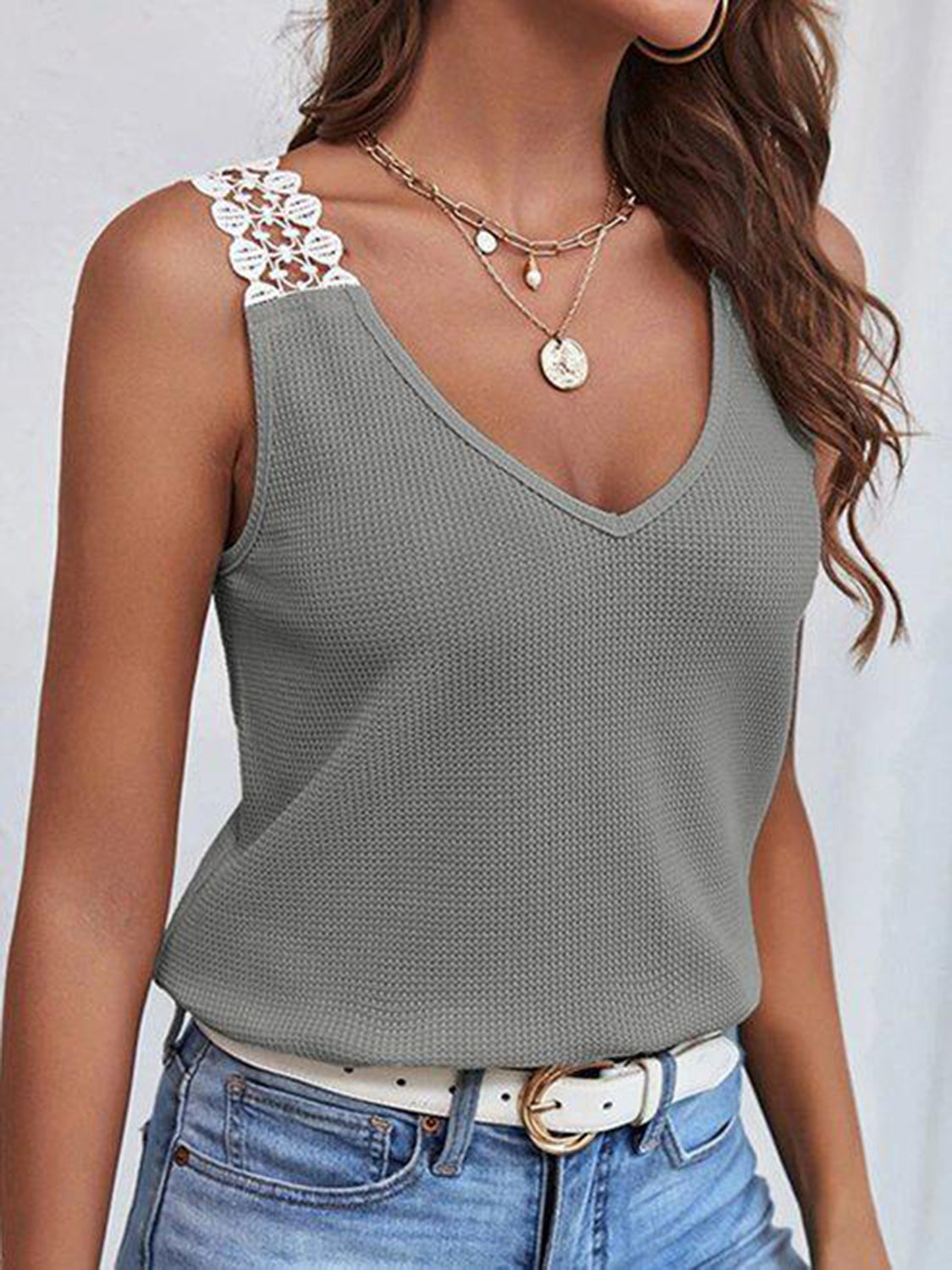 Full Size Lace Detail V-Neck Tank