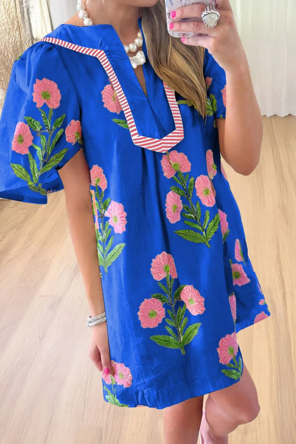 Floral Notched Summer Mini Dress with Striped Trim - product image 8