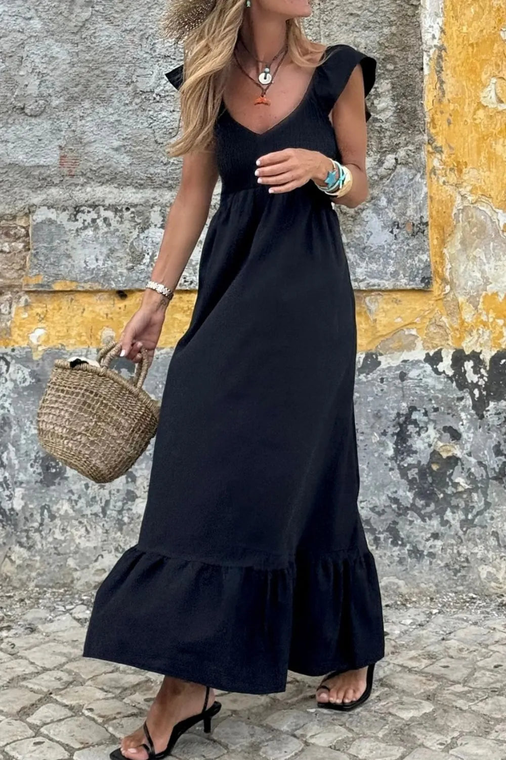 V Neck Ruffled Cap Sleeve Smocked Maxi Dress Secondary image