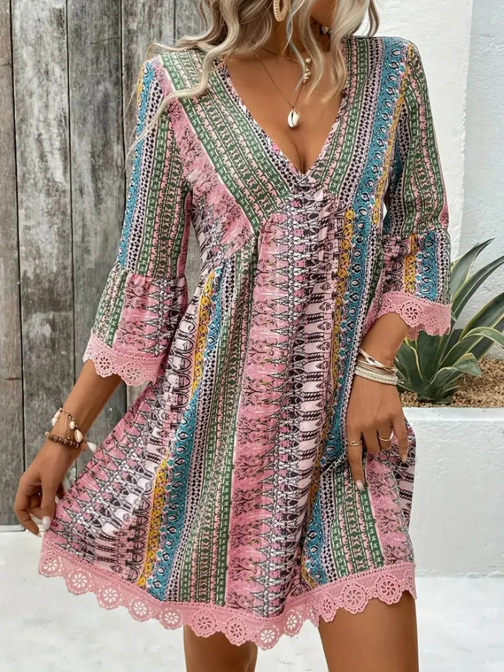 Lace Trim Printed V-Neck 3/4 Sleeve Dress - product image 8