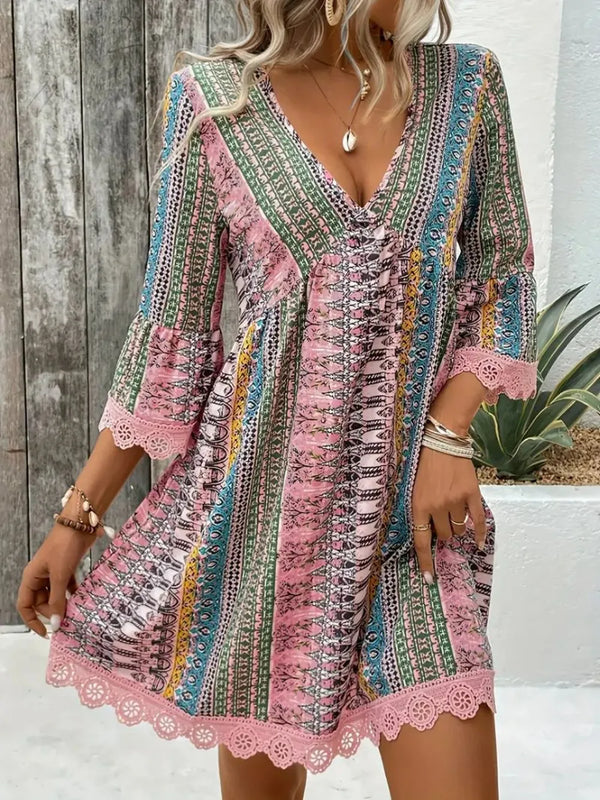 Lace Trim Printed V-Neck 3/4 Sleeve Dress - product image 8