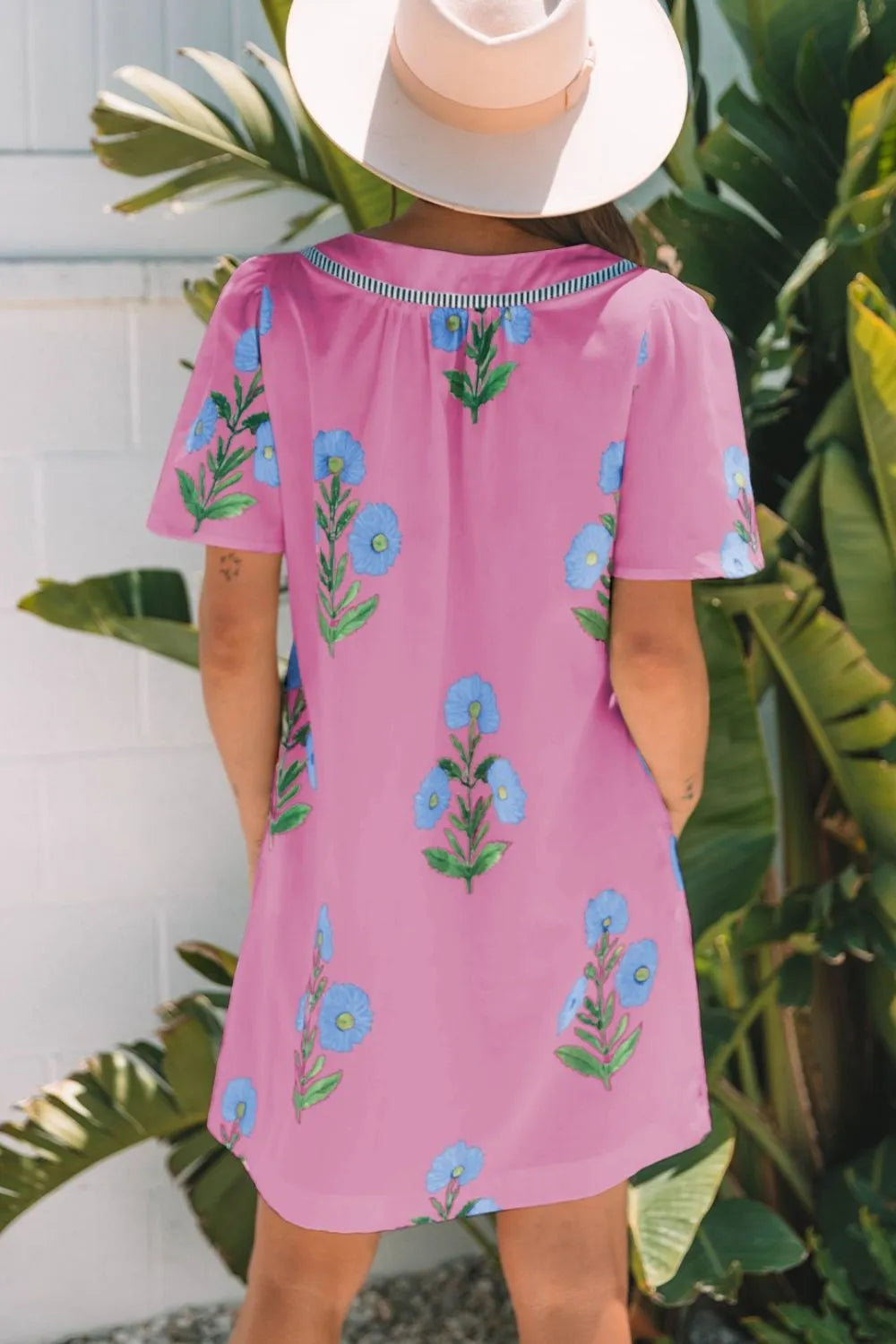 Floral Notched Summer Mini Dress with Striped Trim Secondary image