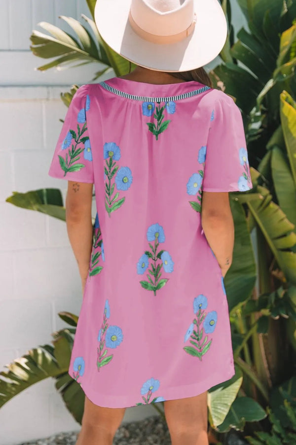 Floral Notched Summer Mini Dress with Striped Trim - product image 2