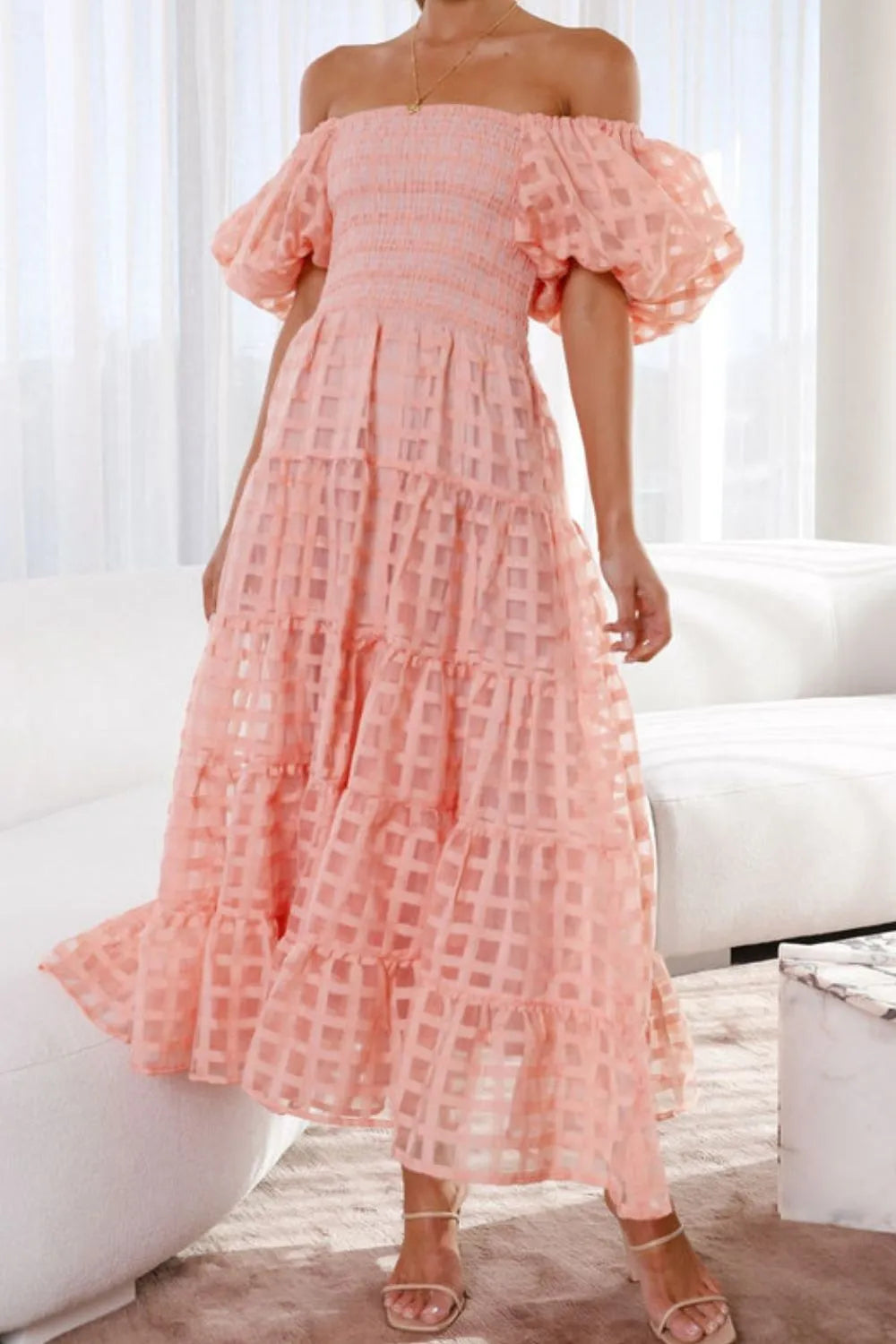 Off Shoulder Short Puff Sleeve Midi Dress - Shopiebay women's boutique