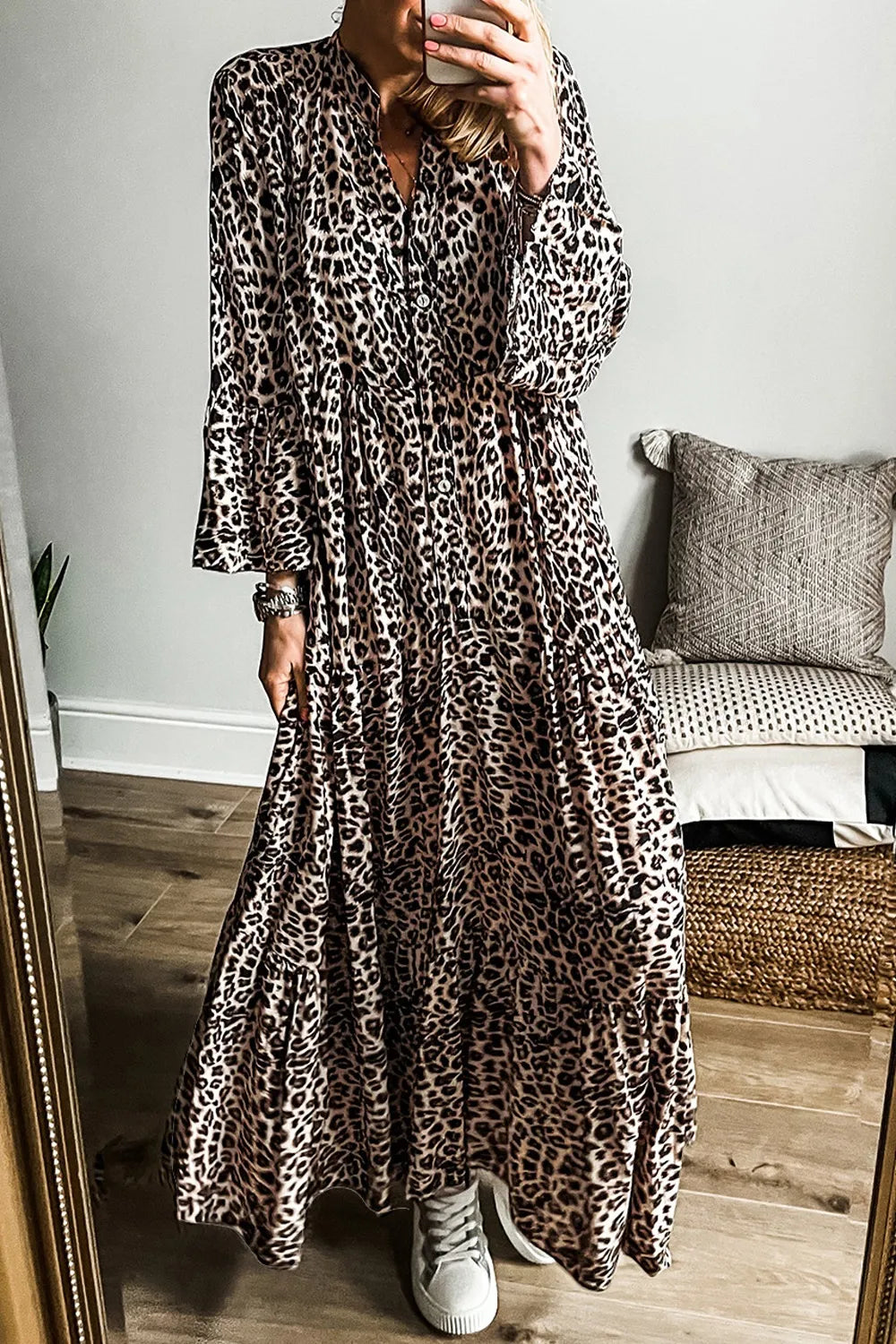 Leopard Notched Long Sleeve Maxi Dress Main image