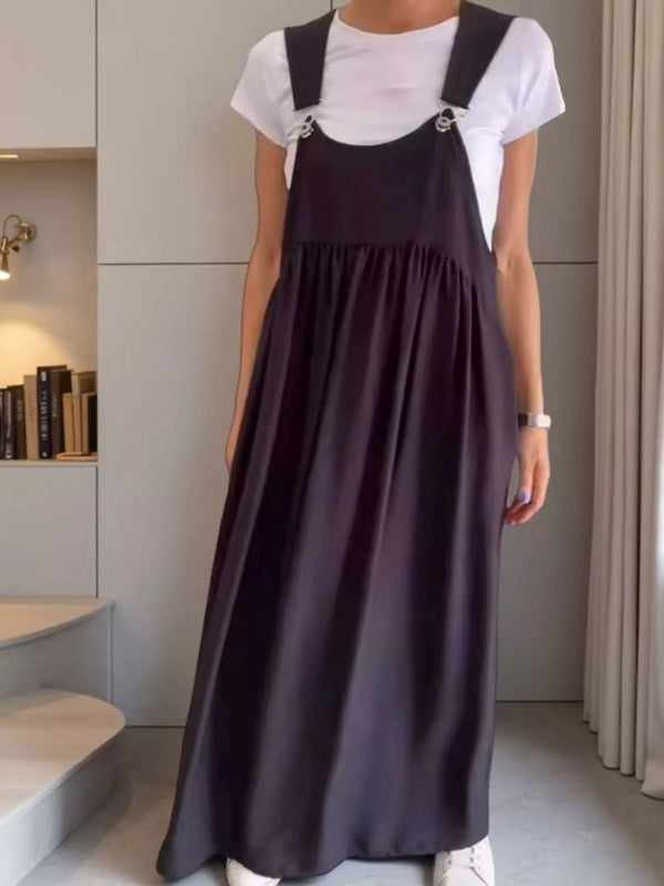 Ruched Wide Strap Overall Maxi Dress