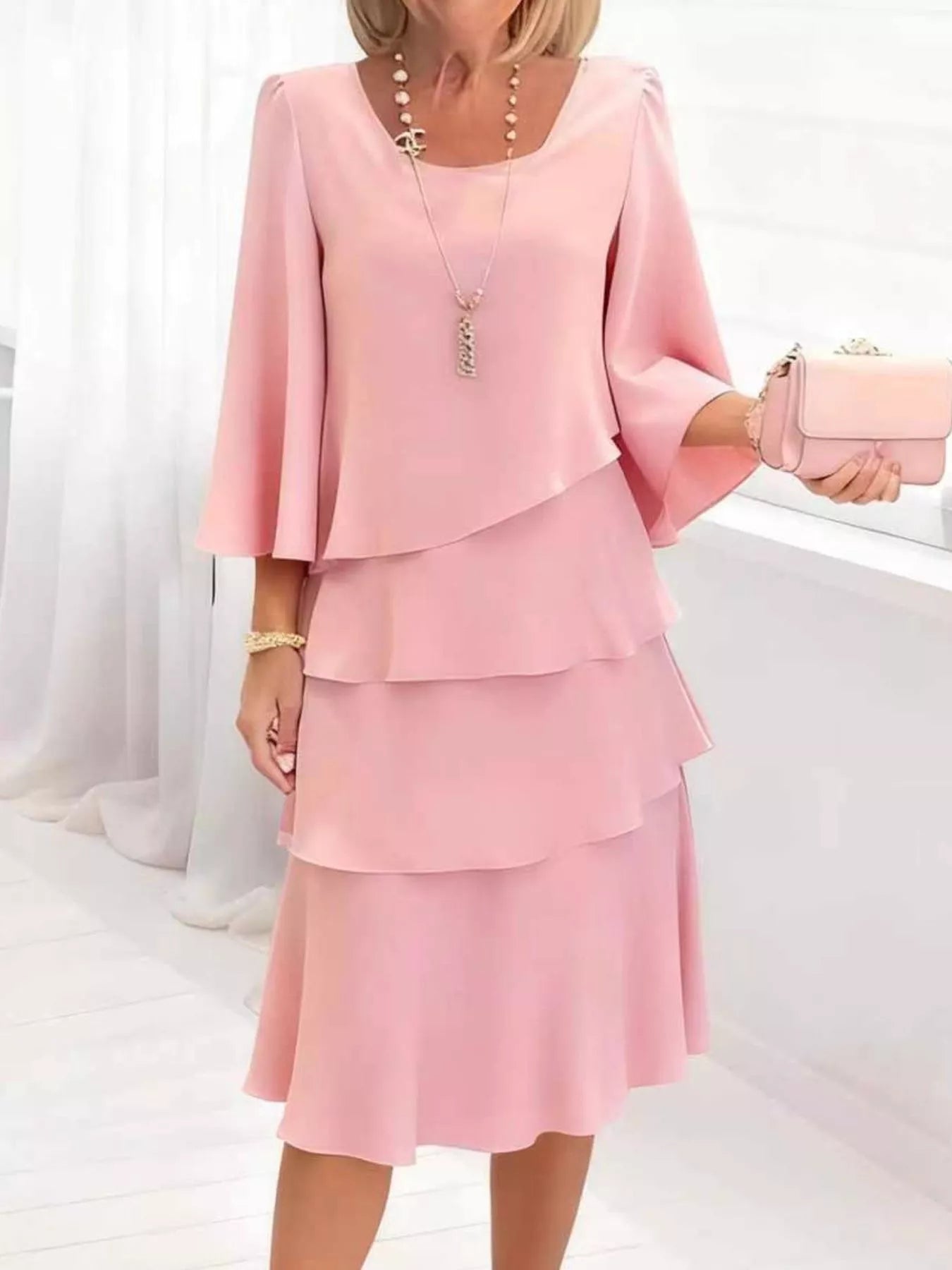Ruffled Layered 3/4 Sleeve Dress Main image
