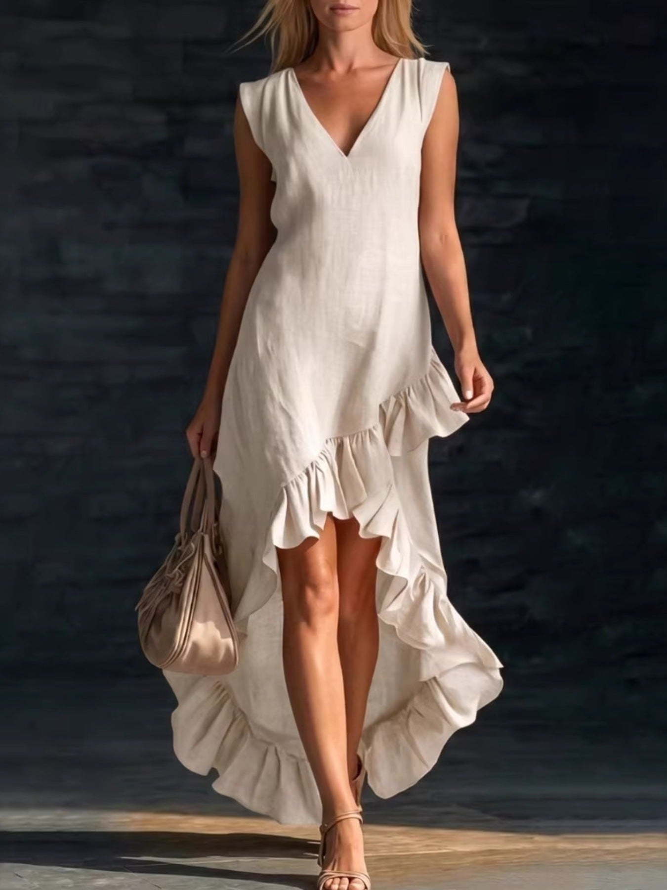 Sleeveless V-Neck Ruffle Hem High-Low Dress Main image