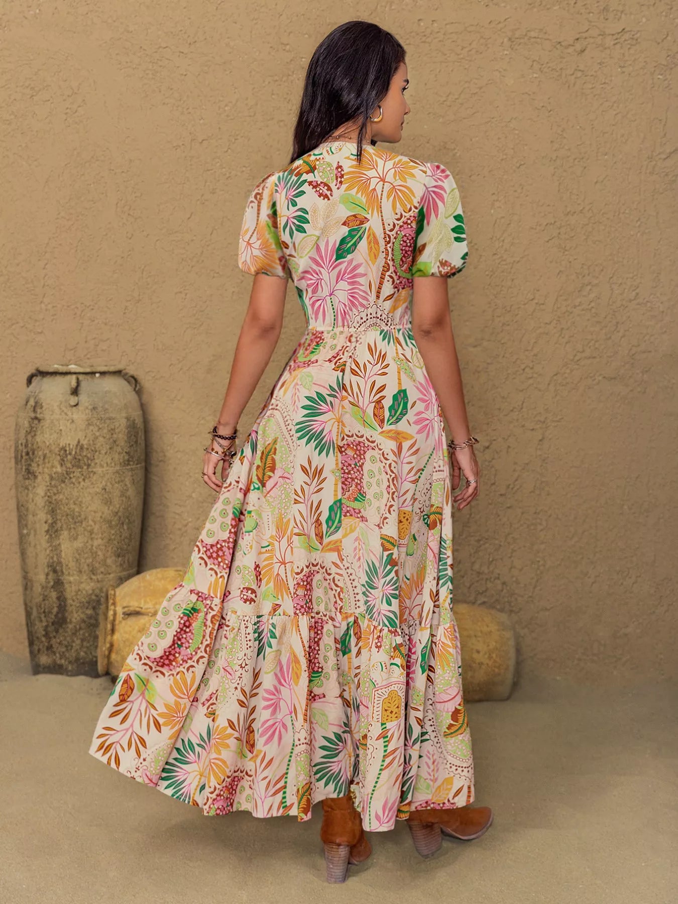 Lace Trim Floral Print Puff Sleeve Dress view 6 - Shopiebay