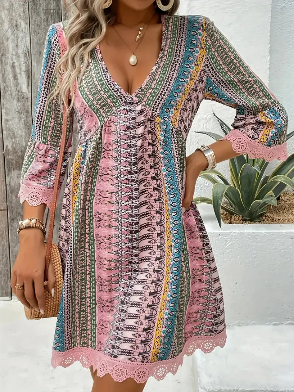 Lace Trim Printed V-Neck 3/4 Sleeve Dress - product image 6