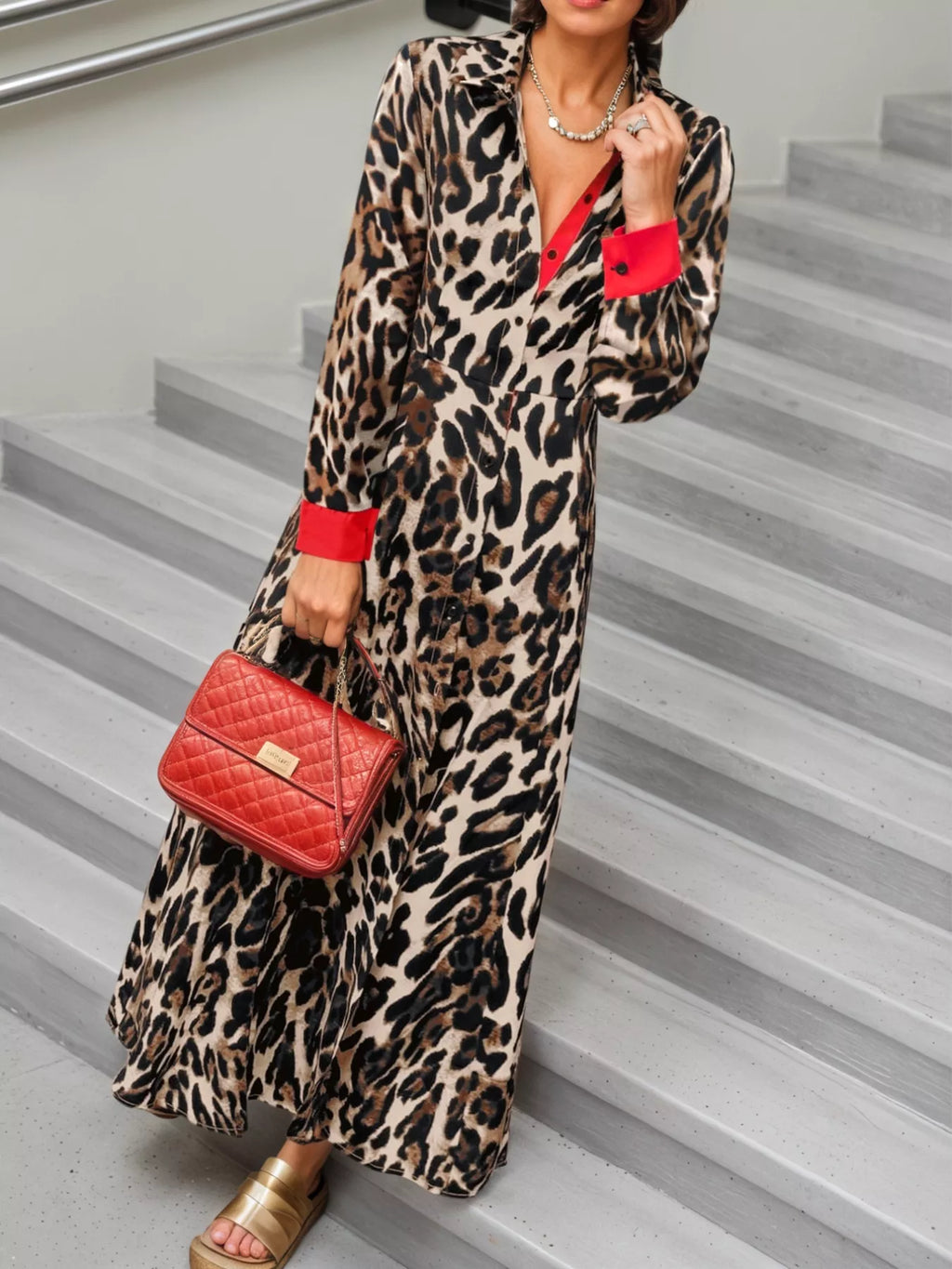 Leopard Print Long Sleeve Shirt Dress with Contrast Trim - product image 10