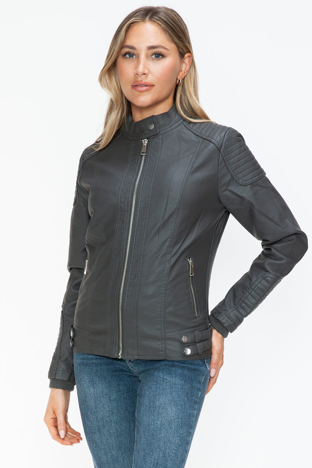 Snobbish Faux Leather Biker Jacket with Side Zip Pockets