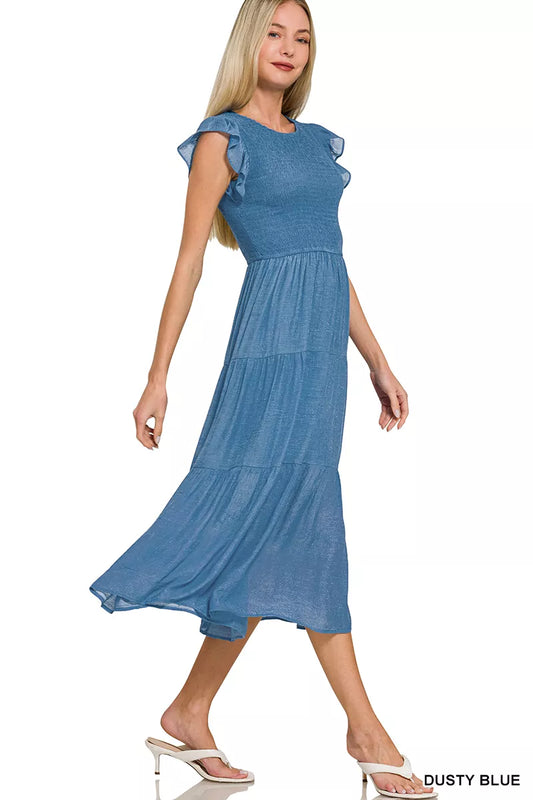 Zenana Woven Smocked Ruffle Sleeve Midi Dress view 2 - Shopiebay