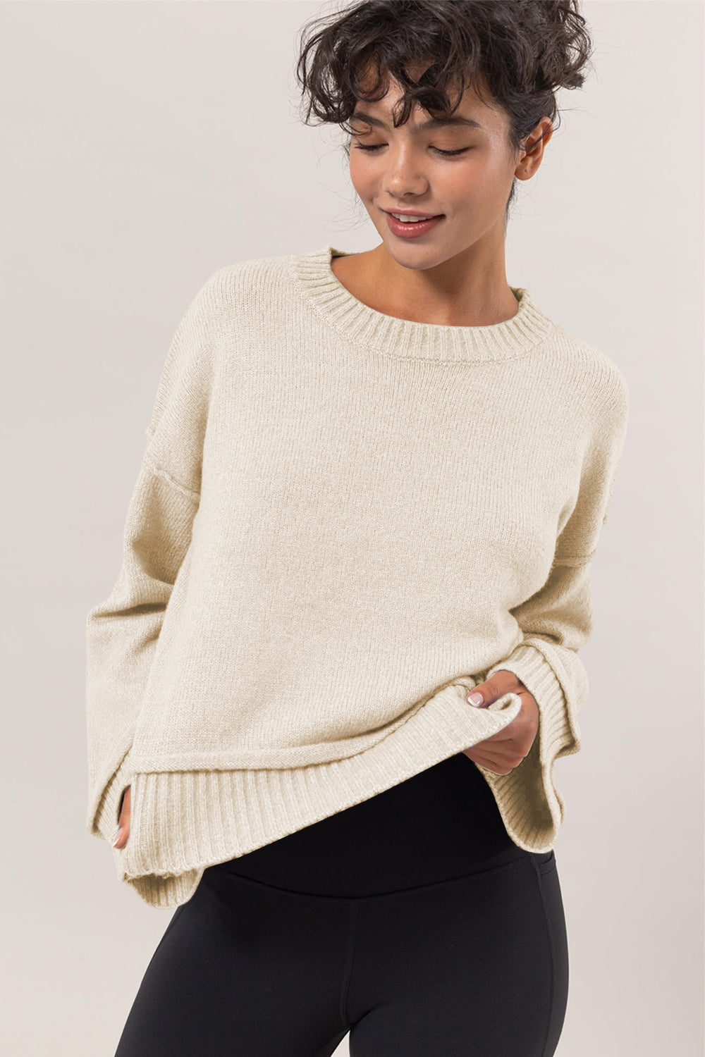 HYFVE Round Neck Dropped Shoulder Ribbed Sweater