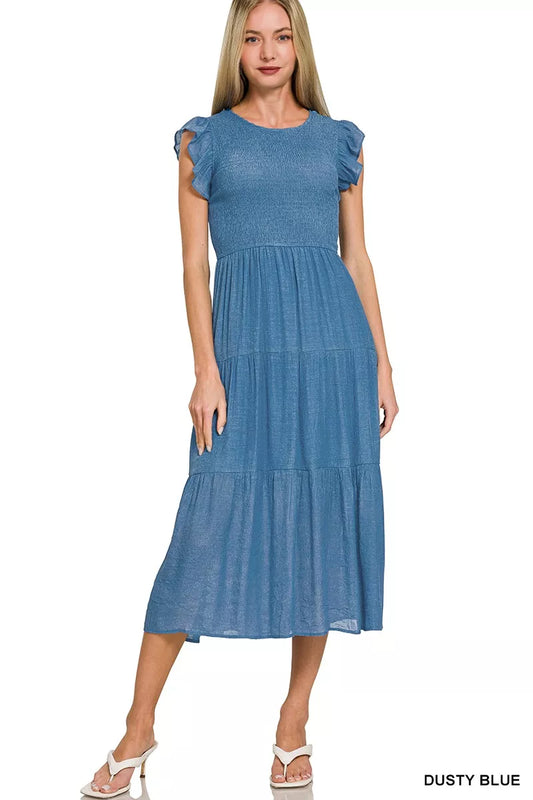 Zenana Woven Smocked Ruffle Sleeve Midi Dress - Shopiebay women's boutique