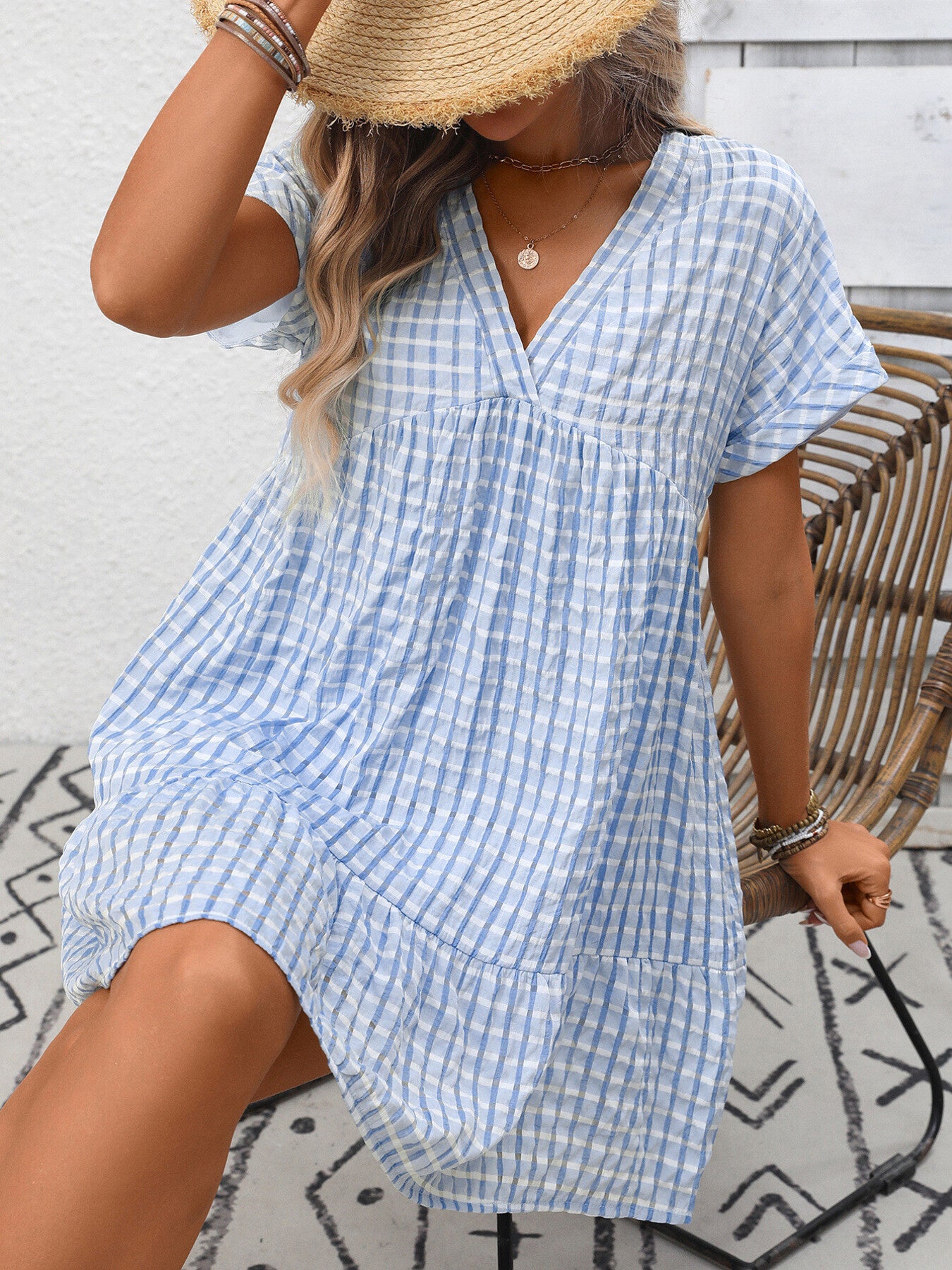 Plaid V-Neck Ruffle Hem Mini Dress - product image 3