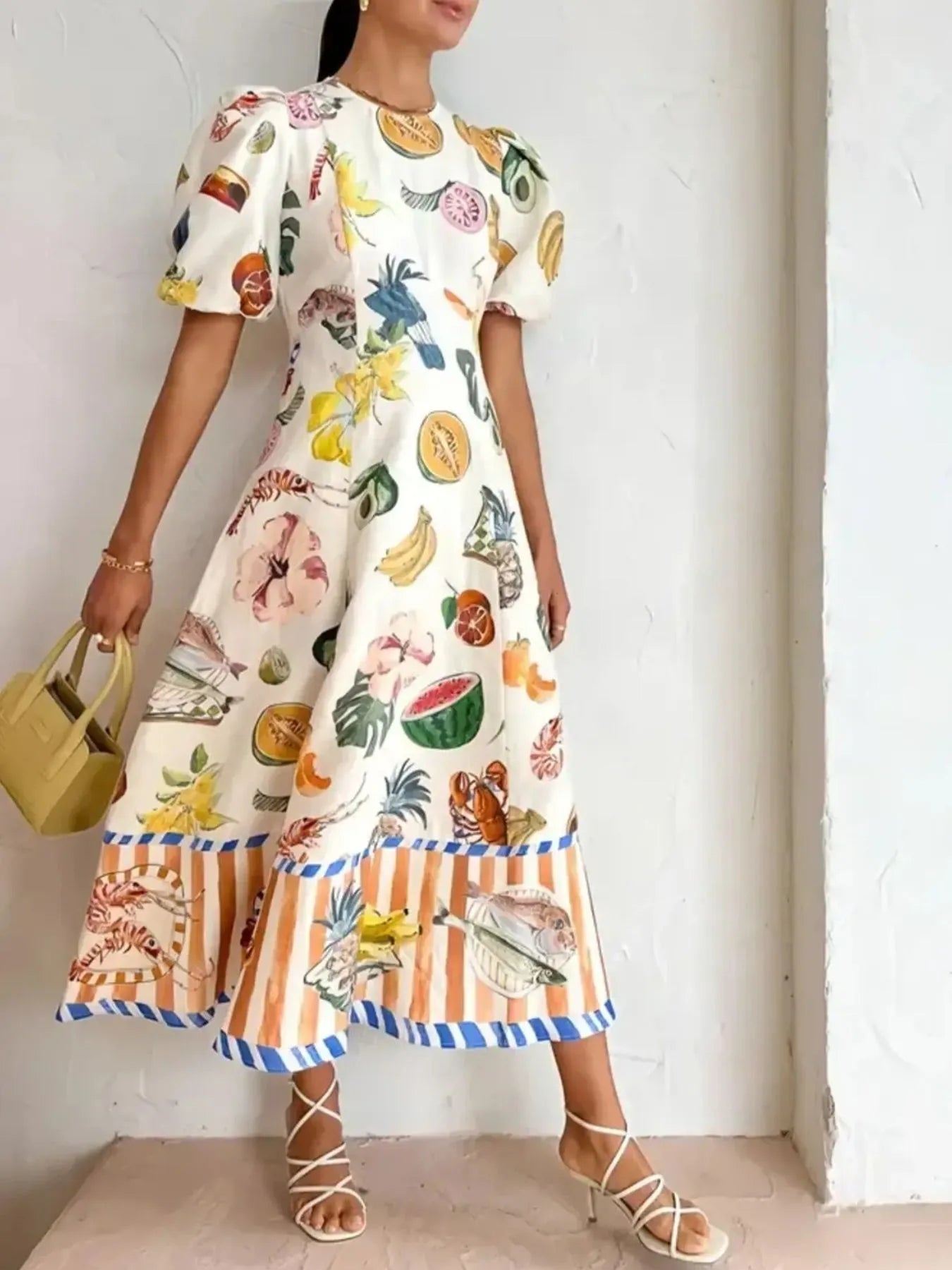 Printed Round Neck Puff Sleeve Dress Main image