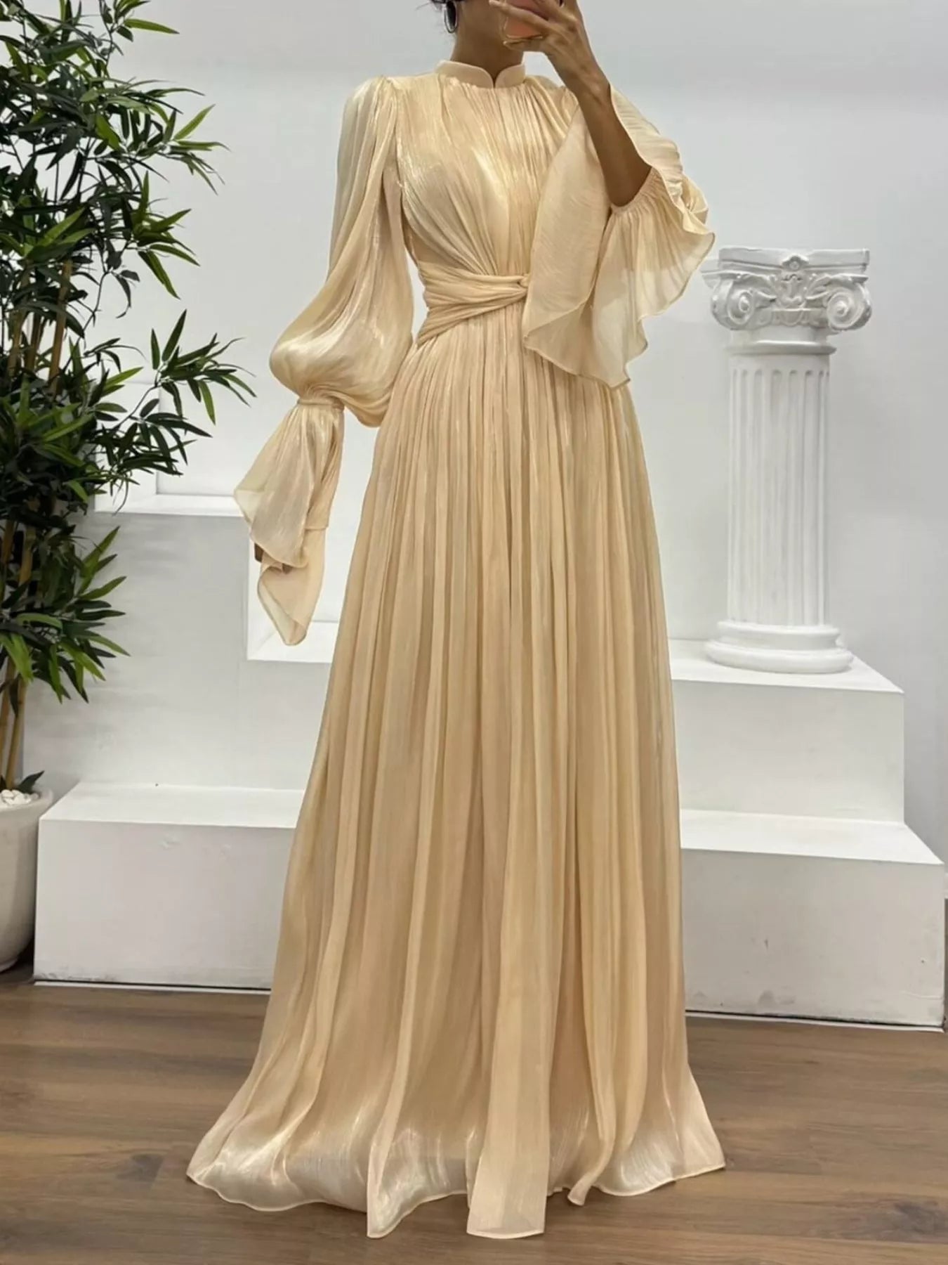 Pleated Mock Neck Long Sleeve Maxi Dress Main image