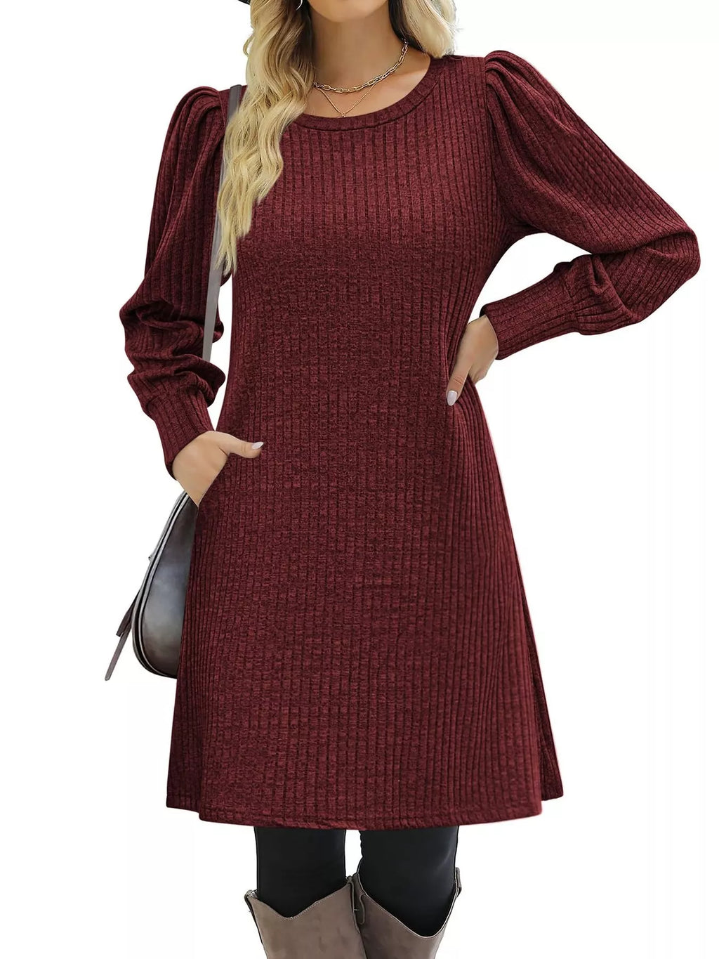 Ribbed Knit Puff Sleeve Casual Mini Dress - product image 12