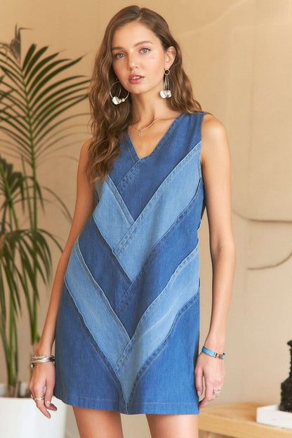 ADORA Chevron Color Block V-Neck Denim Dress