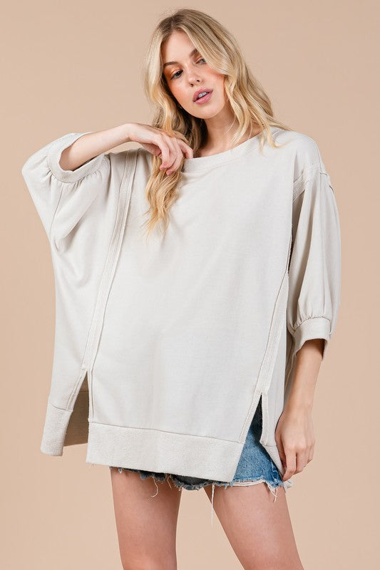 Ces Femme Side Slit Drop Shoulder Puff Sleeve Sweatshirt