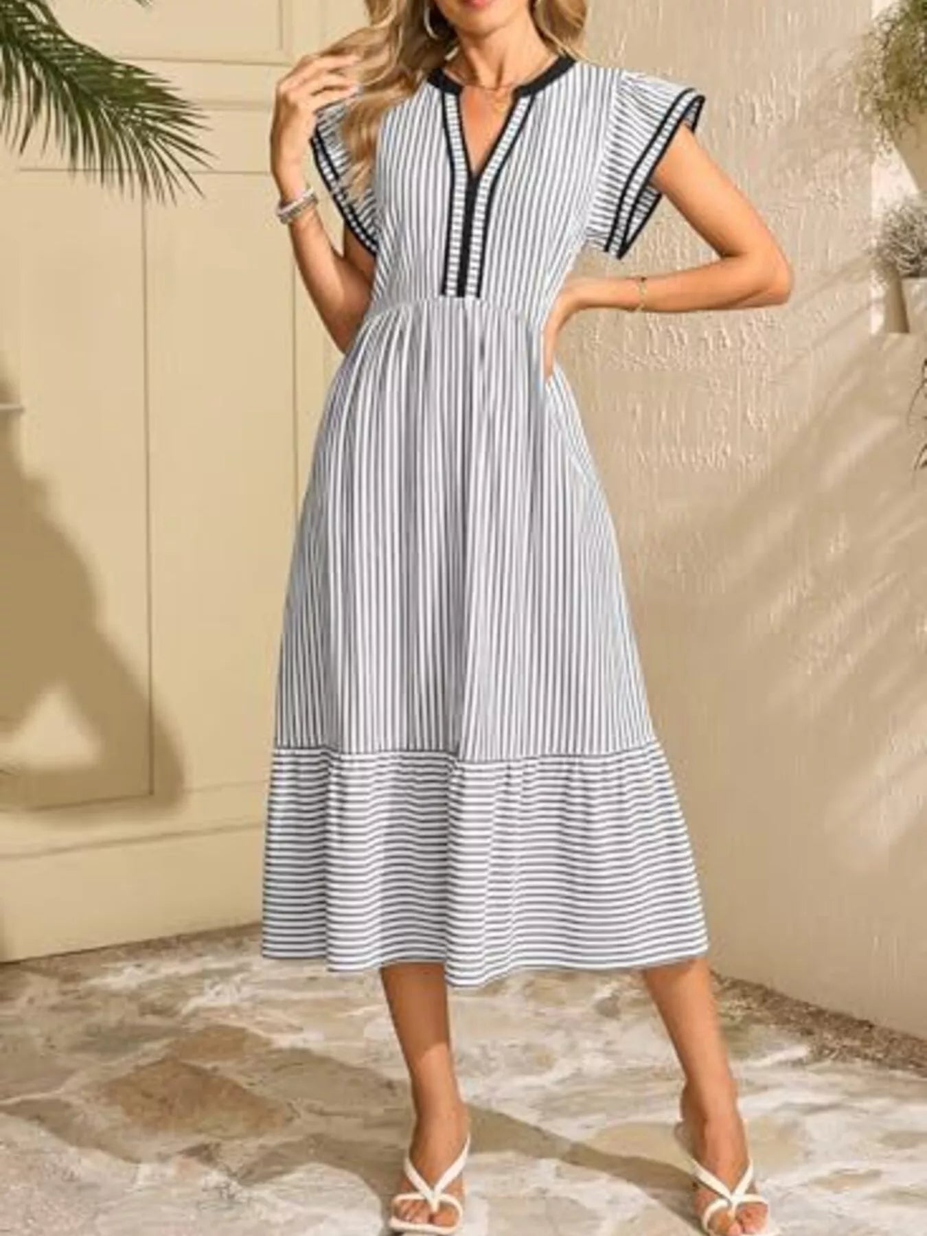 Striped Notched Ruffle Sleeve Dress - product image 9