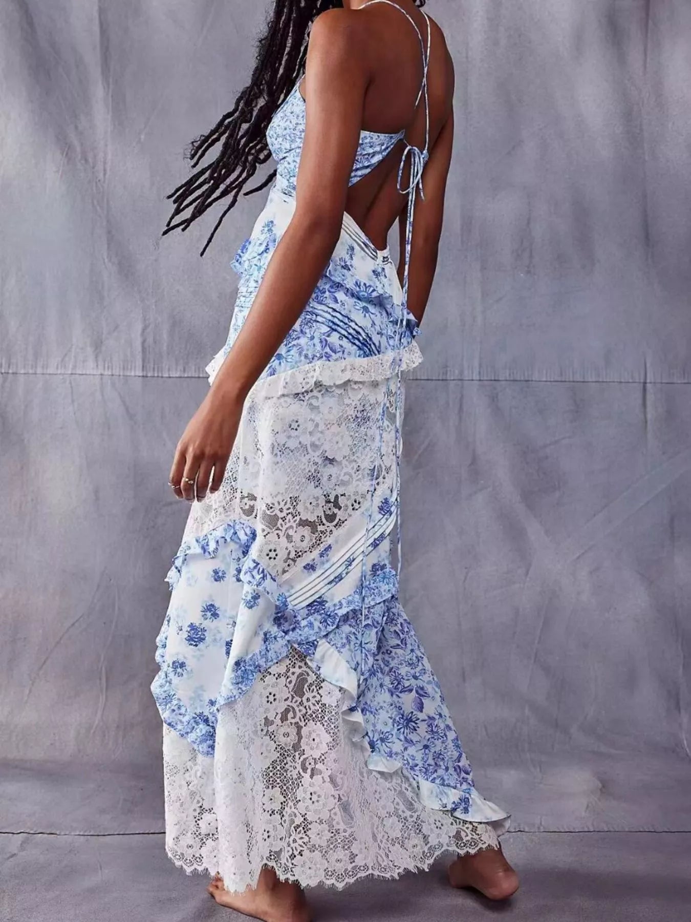 Lace Detail Ruffled Floral V-Neck Maxi Dress | Shopiebay Lace Detail Ruffled Floral V-Neck Maxi Dress | Shopiebay