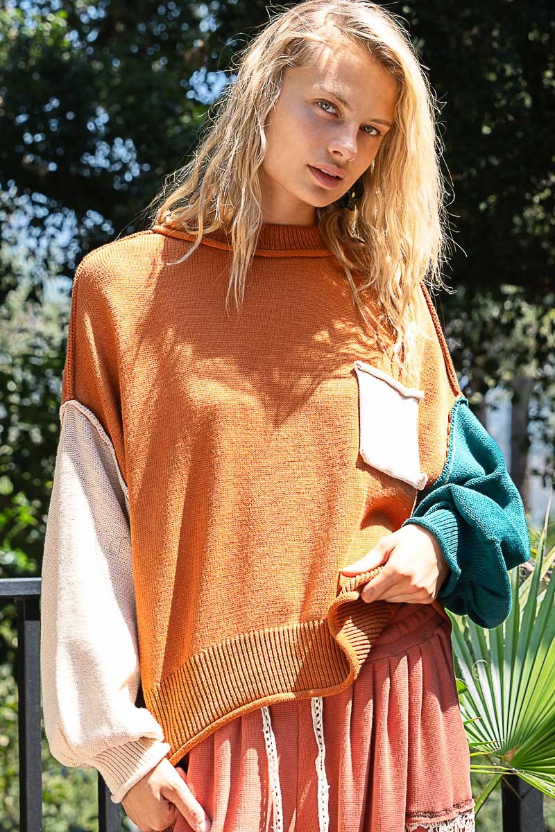 POL Color Block Roll Hem Hacci Sweater