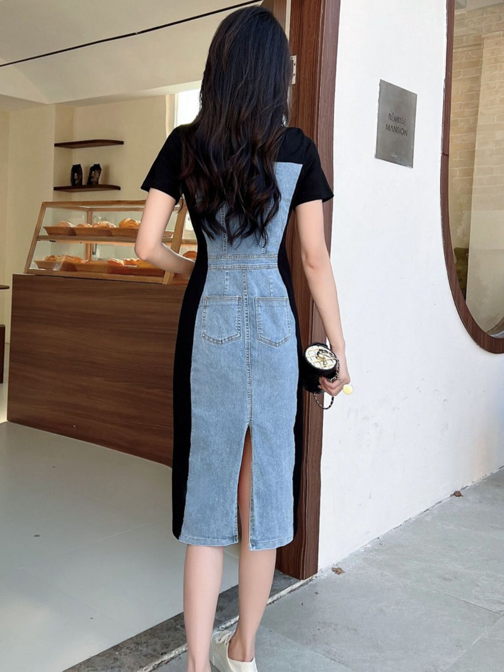 Full Size Denim Patchwork Short Sleeve Slit Back Dress Plus Size - product image 3