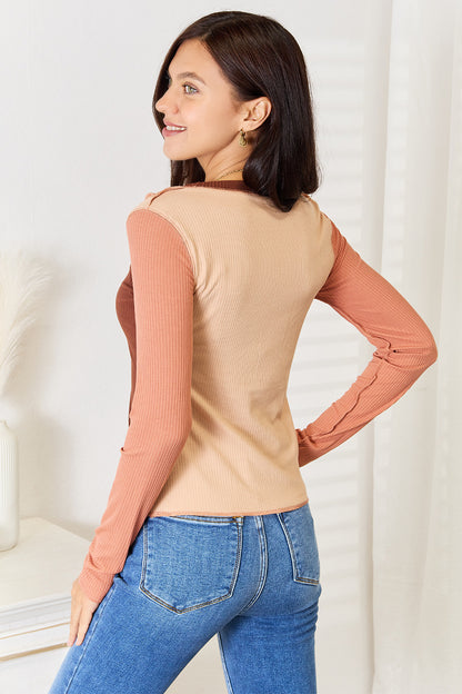 Double Take Color Block Exposed Seam Long Sleeve Top