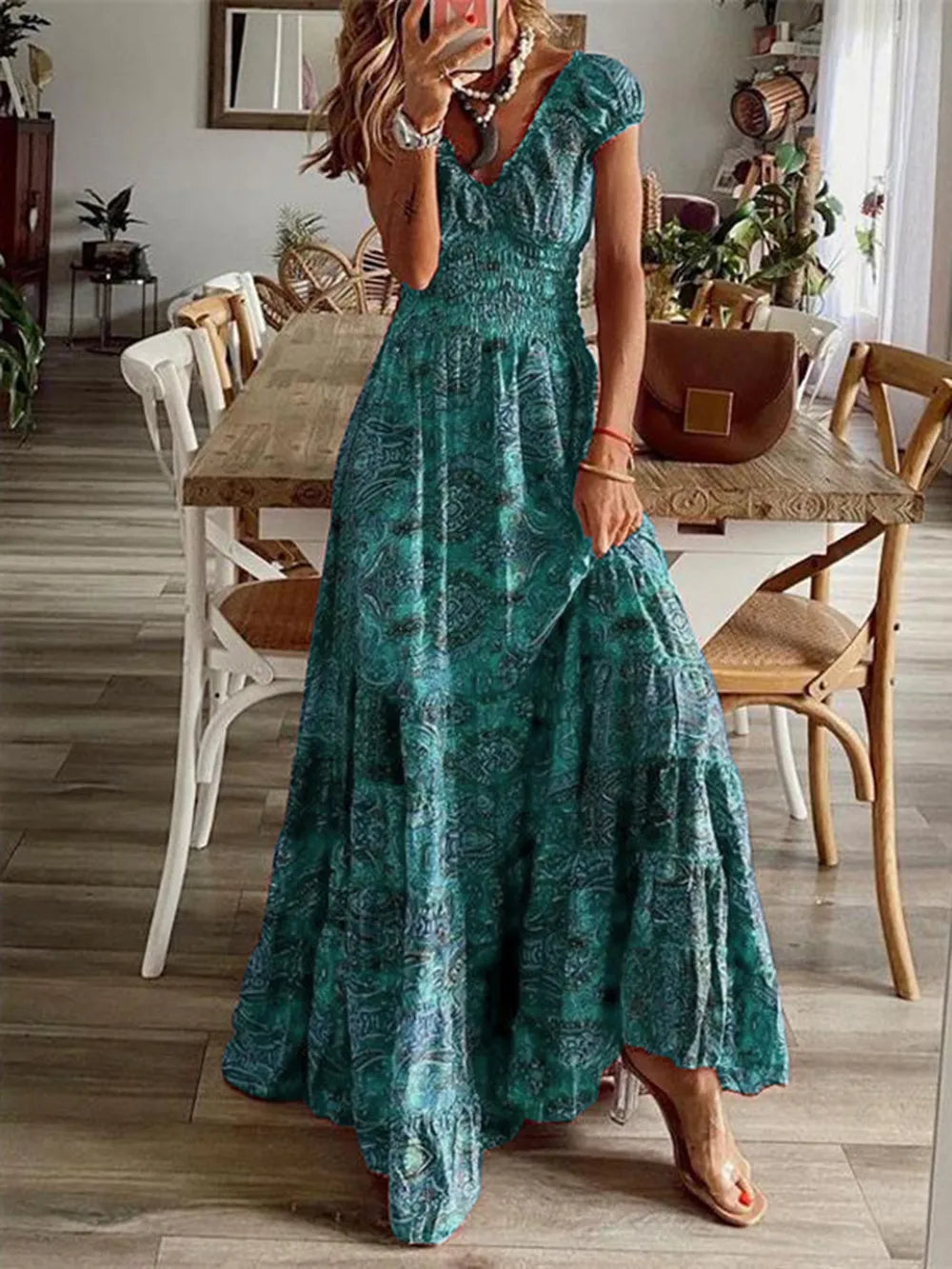 Smocked Printed V-Neck Short Sleeve Dress - product image 13
