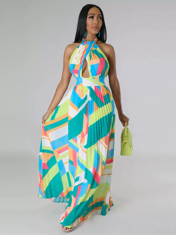 Halter Neck Geometric Print Pleated Maxi Dress - product image 8